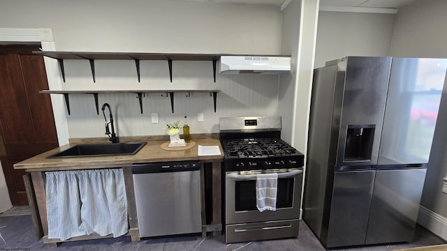 92 N High St, Philippi, WV 26416 - kitchen with stainless steel appliances, open shelves, under cabinet range hood, and a sink