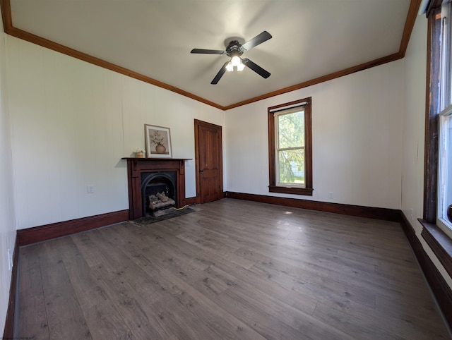 92 N High St, Philippi, WV 26416 - unfurnished living room with crown molding, ceiling fan, wood finished floors, and a fireplace
