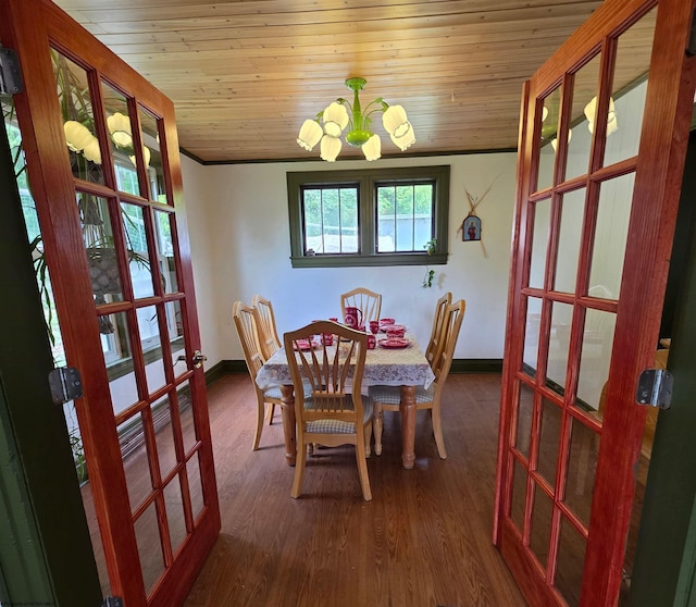 147 E 6th St, Weston, WV 26452 - dining room featuring french doors, baseboards, a chandelier, wood finished floors, and wood ceiling