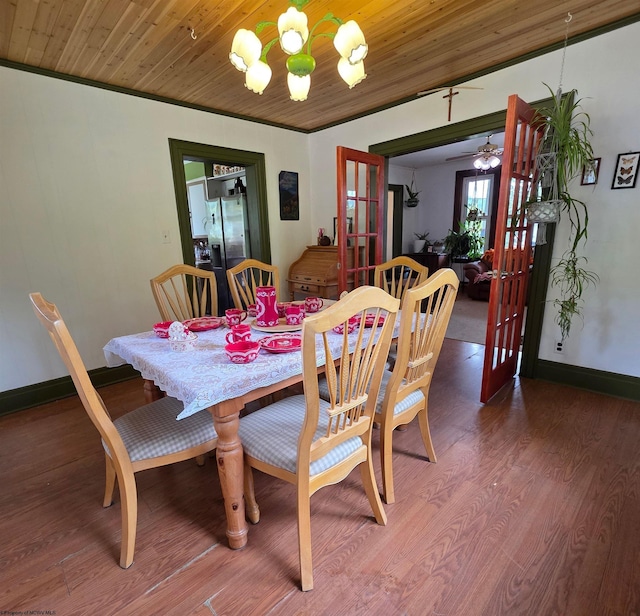 147 E 6th St, Weston, WV 26452 - dining space with a chandelier, wood finished floors, baseboards, and wood ceiling