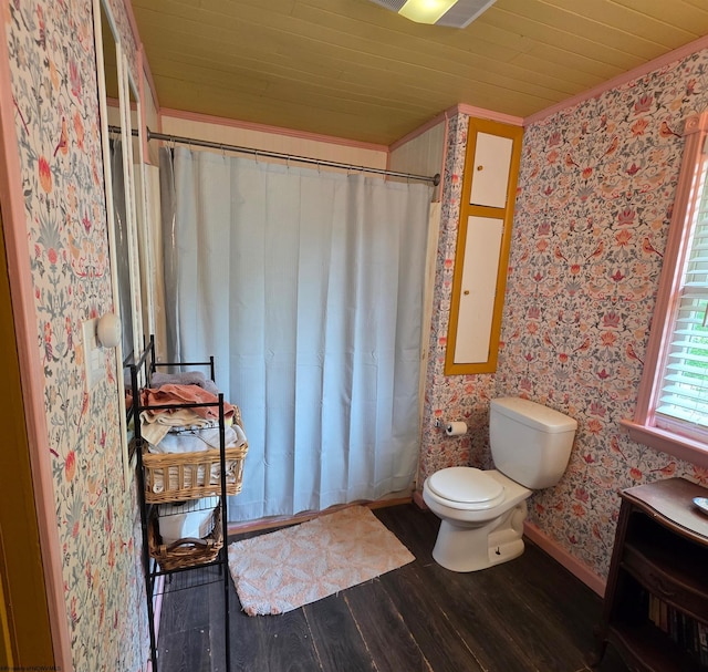 147 E 6th St, Weston, WV 26452 - bathroom featuring toilet, wood finished floors, wallpapered walls, wood ceiling, and crown molding