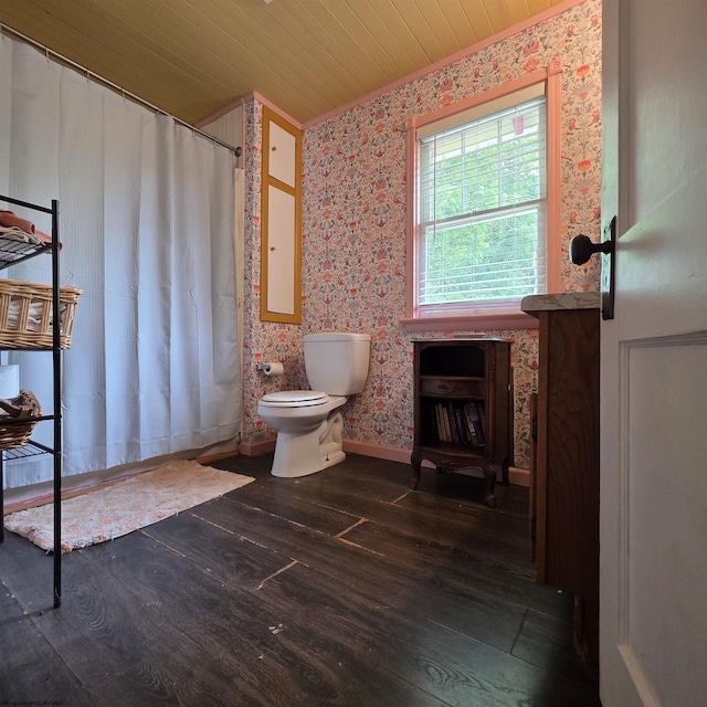 147 E 6th St, Weston, WV 26452 - bathroom featuring wallpapered walls, hardwood / wood-style floors, toilet, a shower with shower curtain, and wood ceiling