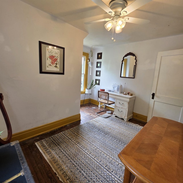 147 E 6th St, Weston, WV 26452 - bedroom with baseboards, wood finished floors, an office area, and a ceiling fan