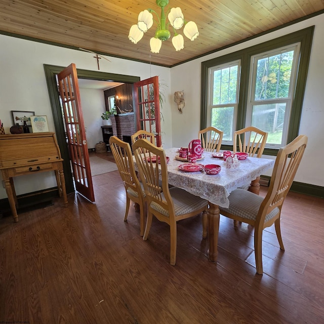 147 E 6th St, Weston, WV 26452 - dining space with a chandelier, dark wood-style floors, and wooden ceiling