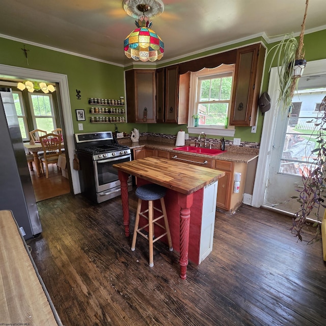 147 E 6th St, Weston, WV 26452 - kitchen featuring appliances with stainless steel finishes, wood counters, a sink, crown molding, and dark wood-style flooring