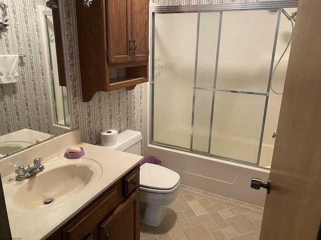 1730 S Davis Ave, Elkins, WV 26241 - bathroom featuring wallpapered walls, toilet, vanity, enclosed tub / shower combo, and tile patterned floors