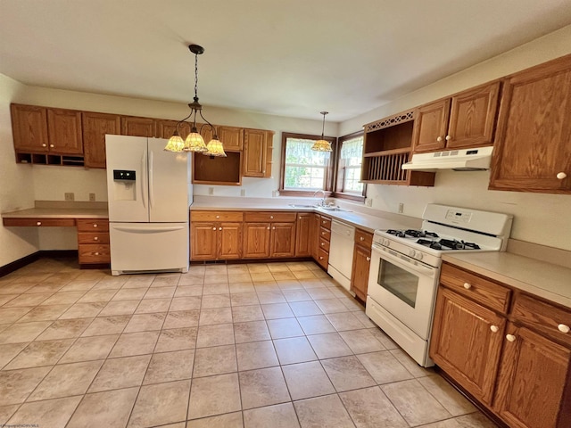 200 Heckle Ln, Elkins, WV 26241 - kitchen featuring white appliances, under cabinet range hood, open shelves, brown cabinetry, and decorative light fixtures