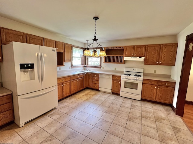 200 Heckle Ln, Elkins, WV 26241 - kitchen with white appliances, under cabinet range hood, light countertops, pendant lighting, and open shelves