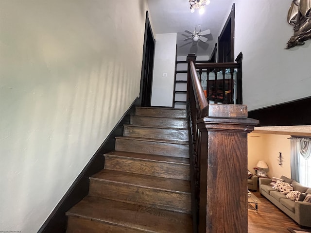 115 Walnut St, Rowlesburg, WV 26425 - stairway featuring a ceiling fan and wood finished floors