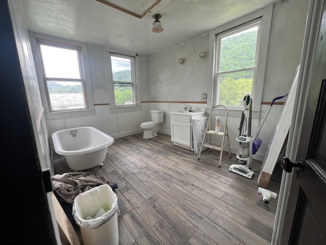 115 Walnut St, Rowlesburg, WV 26425 - bathroom with wainscoting, a freestanding bath, wood finished floors, and vanity