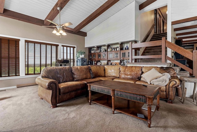 142 Vecchio Ln, Morgantown, WV 26508 - living room with carpet floors, stairs, beamed ceiling, high vaulted ceiling, and a ceiling fan