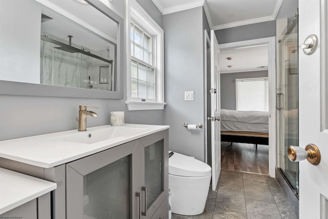 142 Vecchio Ln, Morgantown, WV 26508 - bathroom featuring a stall shower, vanity, ornamental molding, ensuite bath, and stone finish floors
