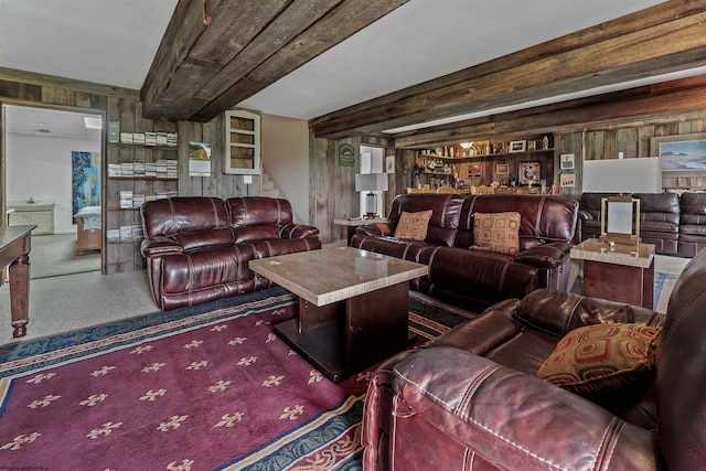 142 Vecchio Ln, Morgantown, WV 26508 - carpeted living room with wooden walls and beam ceiling