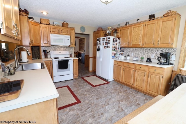 16 Greentree Ln, Elkins, WV 26241 - kitchen featuring white appliances, decorative backsplash, light countertops, light floors, and a textured ceiling