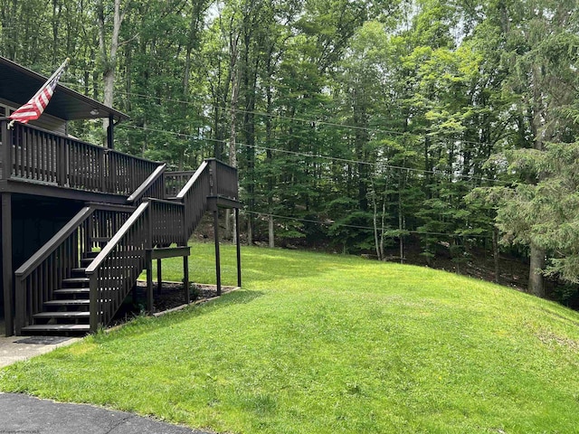 60 Saras Way, Beverly, WV 26253 - view of green lawn with stairway, a deck, and a wooded view