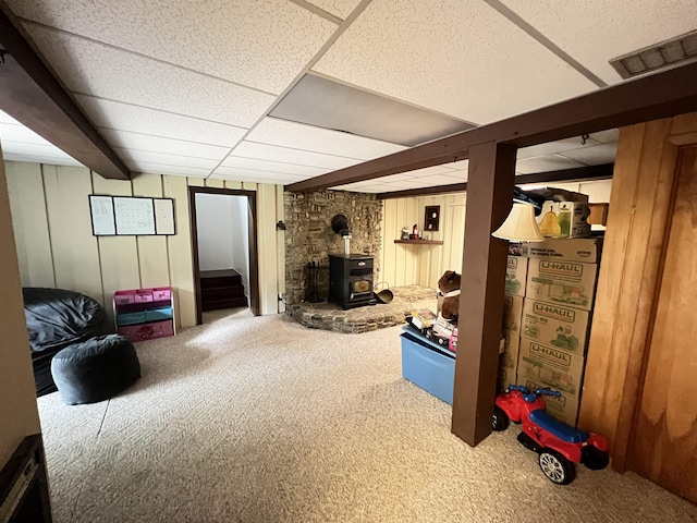 60 Saras Way, Beverly, WV 26253 - finished basement featuring carpet, a wood stove, wooden walls, and a paneled ceiling