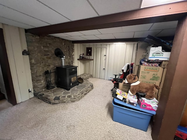 60 Saras Way, Beverly, WV 26253 - finished basement featuring a wood stove, carpet floors, and electric panel