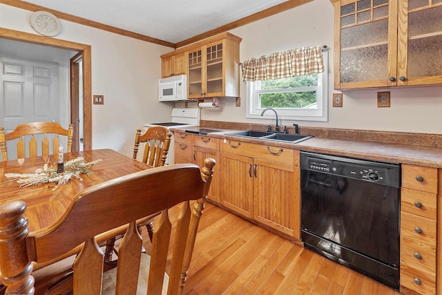 2228 Dinnerbell Five Forks Rd, Farmington, PA 15437 - kitchen featuring white appliances, light wood finished floors, ornamental molding, and glass insert cabinets