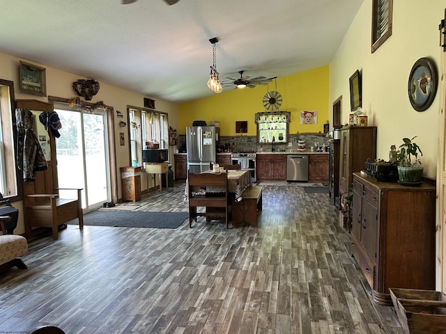 2214 Fairview Rd, Independence, WV 26374 - living area with a ceiling fan, dark wood-style flooring, and lofted ceiling