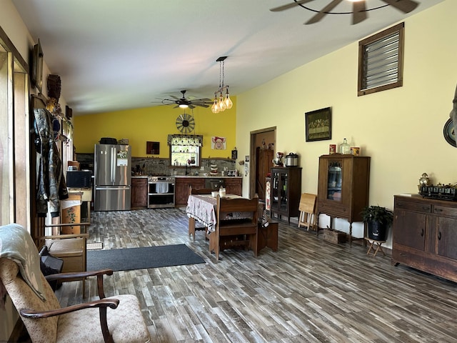 2214 Fairview Rd, Independence, WV 26374 - living area featuring ceiling fan, wood finished floors, and lofted ceiling