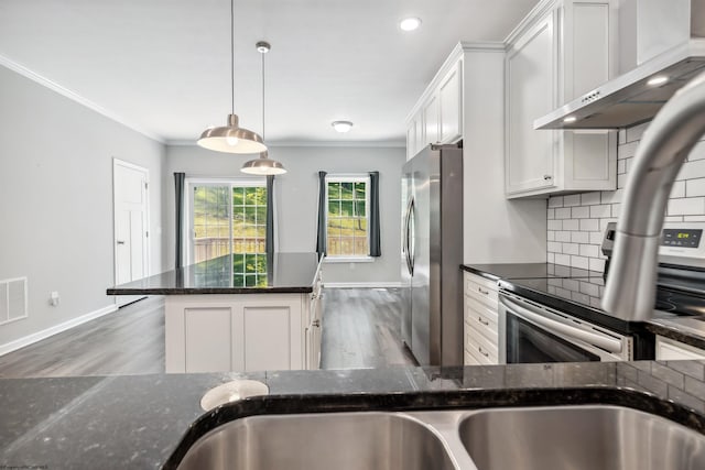26 Misty Ln, Fairmont, WV 26554 - kitchen featuring exhaust hood, appliances with stainless steel finishes, crown molding, white cabinetry, and wood finished floors