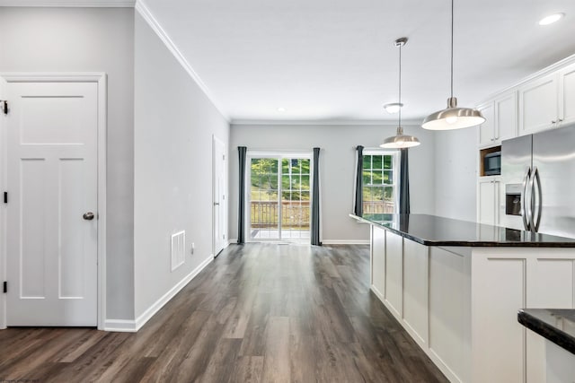 26 Misty Ln, Fairmont, WV 26554 - kitchen featuring crown molding, dark wood finished floors, white cabinetry, decorative light fixtures, and recessed lighting