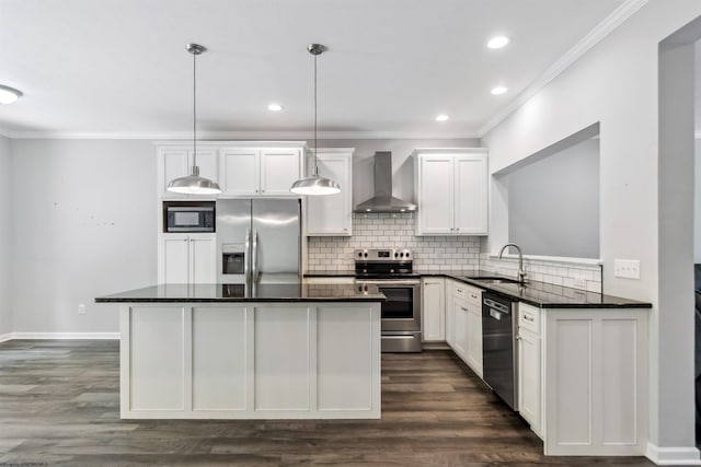 26 Misty Ln, Fairmont, WV 26554 - kitchen featuring stainless steel appliances, wall chimney exhaust hood, crown molding, a kitchen island, and decorative backsplash
