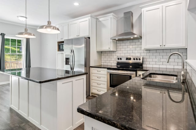 26 Misty Ln, Fairmont, WV 26554 - kitchen with wall chimney exhaust hood, appliances with stainless steel finishes, crown molding, white cabinets, and dark wood-style flooring