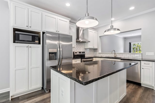 26 Misty Ln, Fairmont, WV 26554 - kitchen featuring stainless steel appliances, wall chimney range hood, ornamental molding, decorative backsplash, and dark wood finished floors