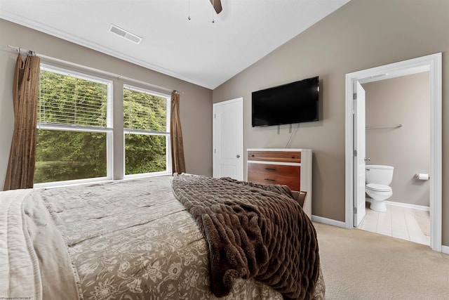 126 Auburn Dr, Morgantown, WV 26501 - bedroom with vaulted ceiling, carpet floors, ensuite bathroom, and ceiling fan