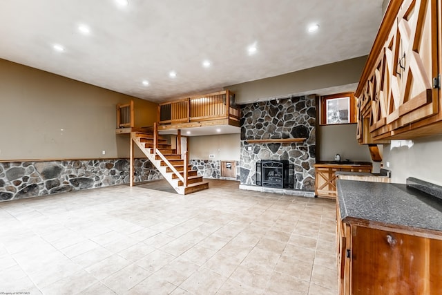 482 Buckeye Rd, Core, WV 26541 - unfurnished living room featuring recessed lighting, stairway, light tile patterned flooring, and a fireplace