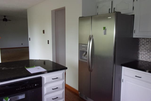 208 Parkview Cir, Kingwood, WV 26537 - kitchen with stainless steel refrigerator with ice dispenser, dishwashing machine, white cabinetry, and dark stone counters