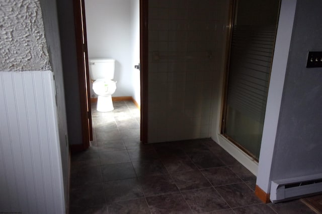 208 Parkview Cir, Kingwood, WV 26537 - full bathroom featuring baseboard heating, radiator heating unit, a stall shower, and tile patterned flooring