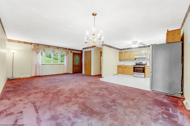 1005 Primrose Ln, Morgantown, WV 26505 - unfurnished living room featuring a chandelier, a ceiling fan, and light colored carpet