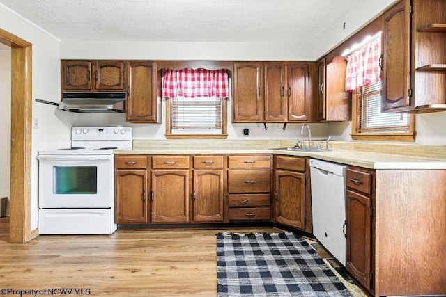 2300 Pride Ave, Clarksburg, WV 26301 - kitchen featuring white appliances, under cabinet range hood, open shelves, light countertops, and light wood-style floors