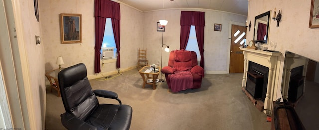 506 Broad St, Weston, WV 26452 - sitting room featuring lofted ceiling, cooling unit, a fireplace, ornamental molding, and carpet flooring