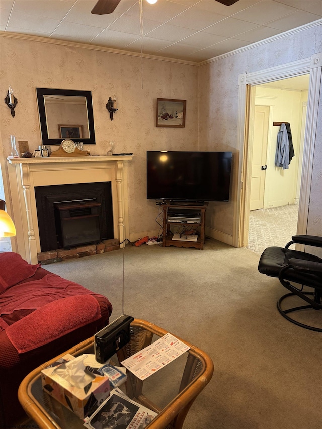 506 Broad St, Weston, WV 26452 - living room with carpet floors, a fireplace, ceiling fan, and ornamental molding