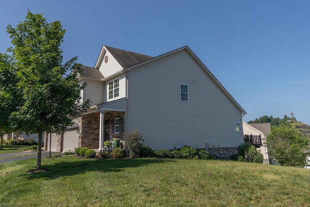 211 Berkshire Cir, Bridgeport, WV 26330 - view of side of home featuring a yard, stone siding, and driveway
