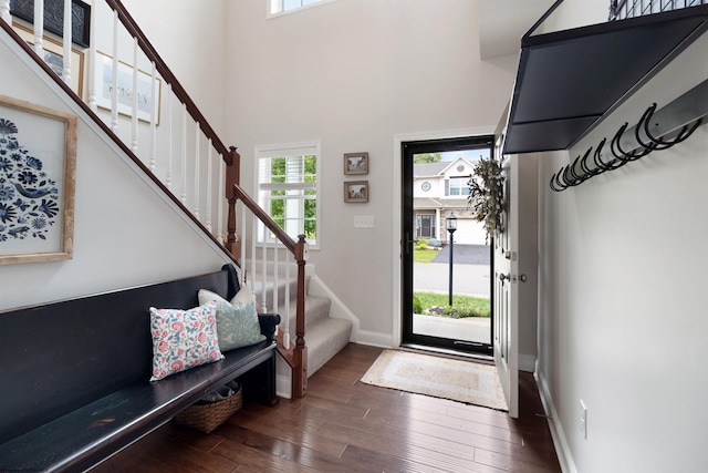 211 Berkshire Cir, Bridgeport, WV 26330 - foyer entrance featuring plenty of natural light, stairs, dark wood finished floors, and a high ceiling