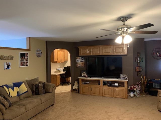 52 Ladder Dr, Mount Clare, WV 26408 - living room with light carpet, ceiling fan, arched walkways, and a desk