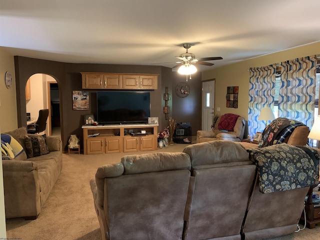 52 Ladder Dr, Mount Clare, WV 26408 - living room with light carpet, a ceiling fan, and arched walkways