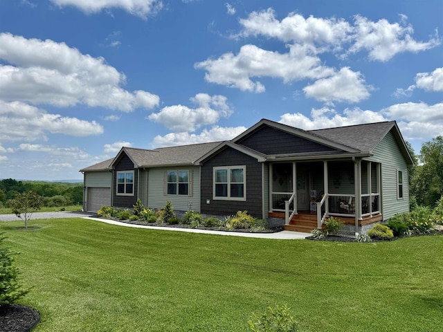 114 Snowy Ridge Rd, Terra Alta, WV 26764 - ranch-style home featuring a porch, a front yard, roof with shingles, and an attached garage