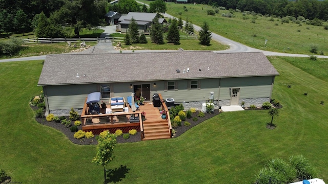 114 Snowy Ridge Rd, Terra Alta, WV 26764 - rear view of property featuring a wooden deck, a shingled roof, and an outdoor hangout area