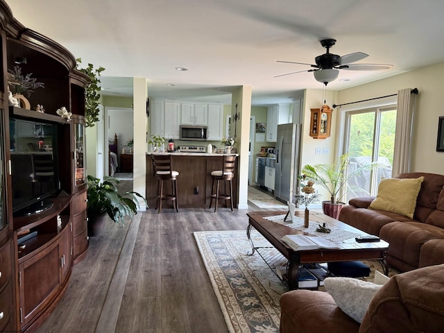 114 Snowy Ridge Rd, Terra Alta, WV 26764 - living room featuring ceiling fan, dark wood-style flooring, and recessed lighting
