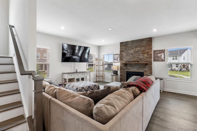 204 Falling Water Ln, Morgantown, WV 26508 - living area featuring wood finished floors, stairs, recessed lighting, and a fireplace