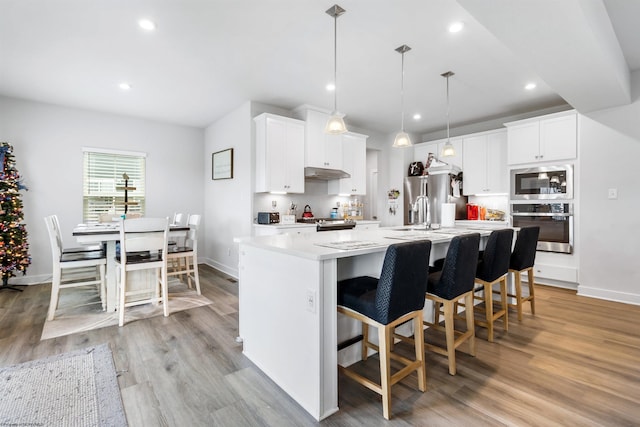 204 Falling Water Ln, Morgantown, WV 26508 - kitchen featuring stainless steel appliances, under cabinet range hood, light countertops, light wood finished floors, and an island with sink