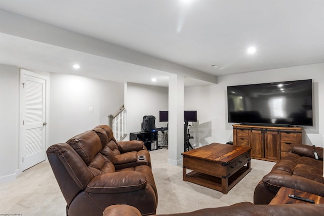 204 Falling Water Ln, Morgantown, WV 26508 - living room with light carpet, recessed lighting, and stairway