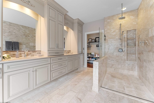 1009 Summit Dr, Morgantown, WV 26508 - full bath featuring double vanity, a walk in shower, and marble look tiles