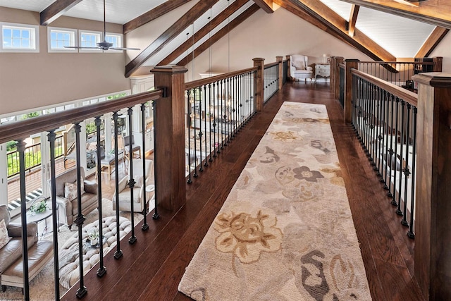 1009 Summit Dr, Morgantown, WV 26508 - corridor featuring beam ceiling, dark wood finished floors, and high vaulted ceiling
