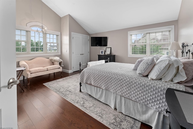 1009 Summit Dr, Morgantown, WV 26508 - bedroom with multiple windows, lofted ceiling, a chandelier, hardwood / wood-style floors, and a closet
